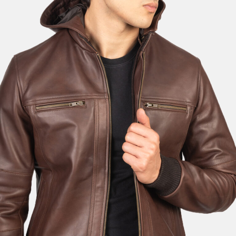 Mens Bouncer Biz Brown Leather Bomber Jacket Close-Up-9-1634131346420